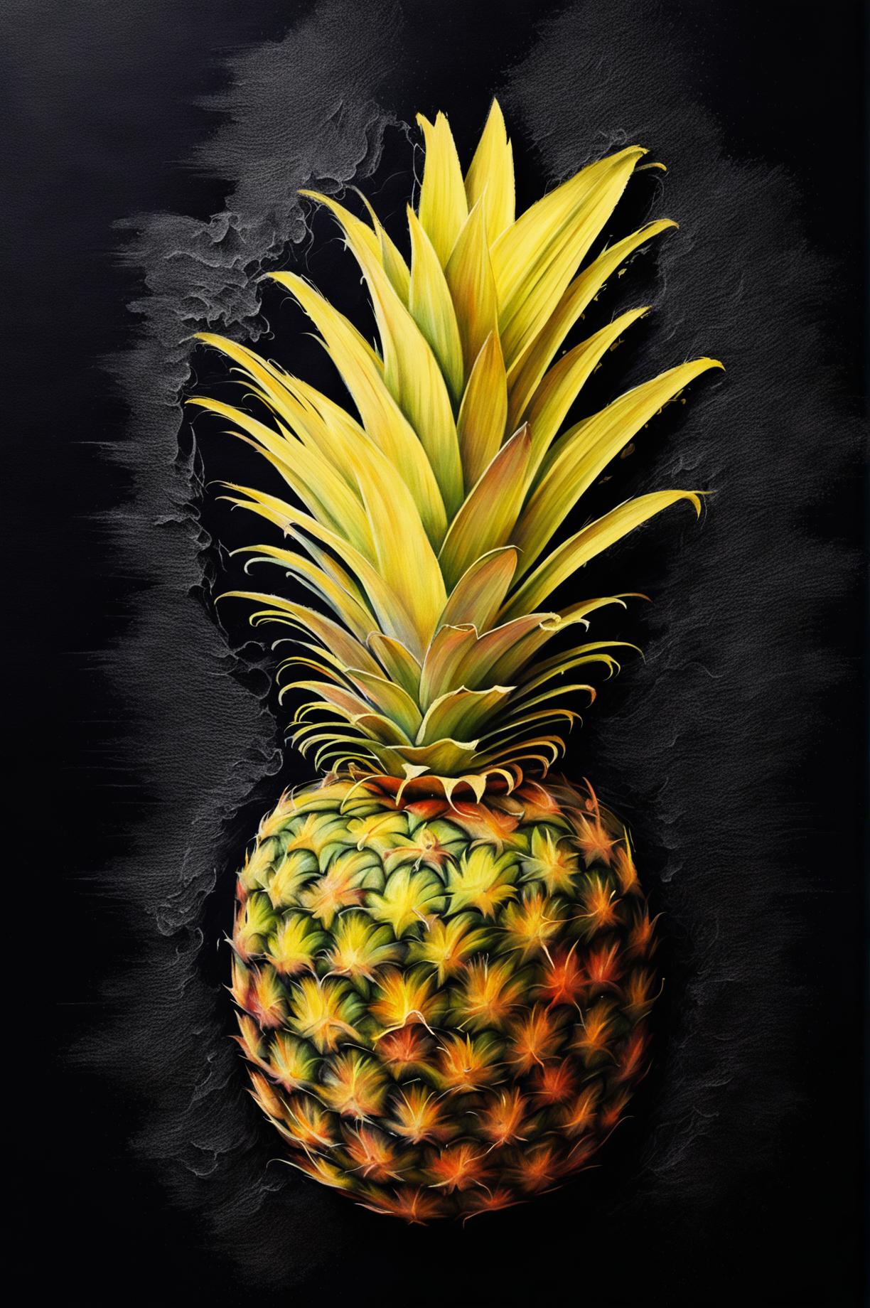 A delightful chalk drawing of a pineapple, characterized by its soft texture and vibrant colors