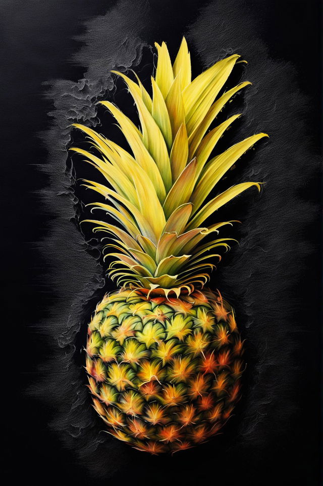 A delightful chalk drawing of a pineapple, characterized by its soft texture and vibrant colors