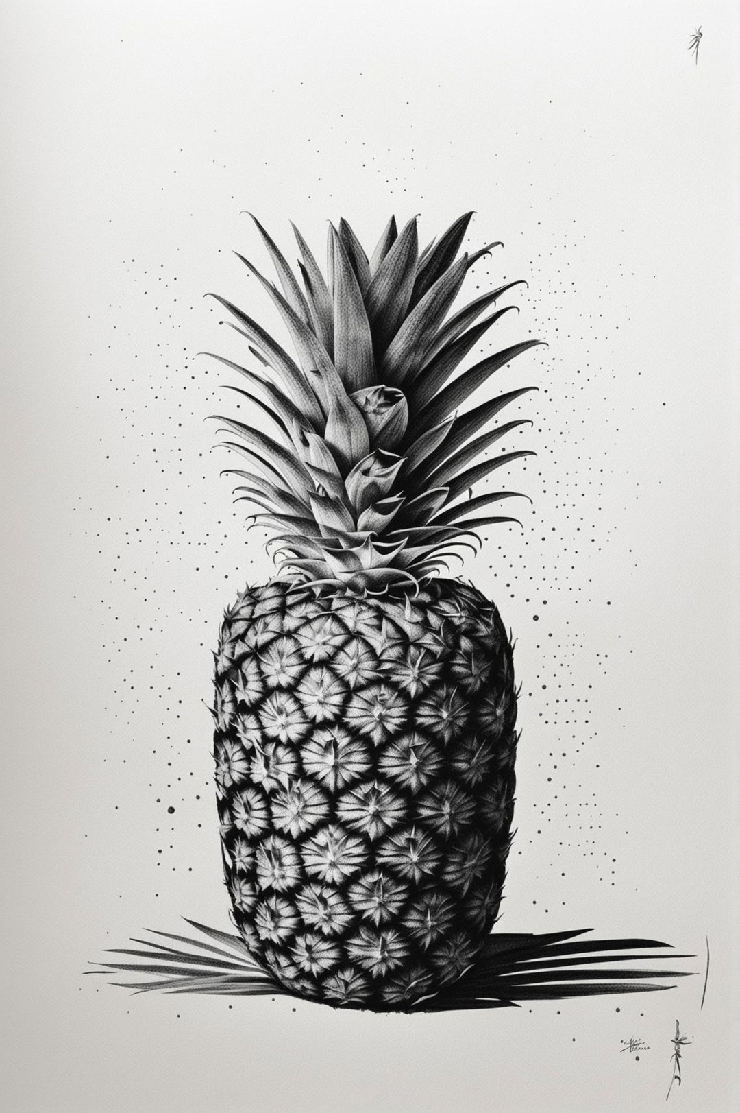 A captivating stipple drawing of a pineapple, meticulously crafted using countless tiny dots to create a highly realistic representation of the fruit