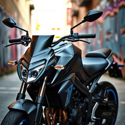 A Yamaha MT-15 motorcycle in an urban setting, featuring custom modifications