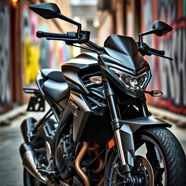 A Yamaha MT-15 motorcycle in an urban setting, featuring custom modifications