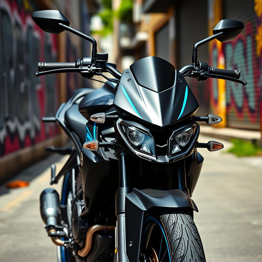 A Yamaha MT-15 motorcycle in an urban setting, featuring custom modifications