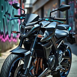 A Yamaha MT-15 motorcycle in an urban setting, featuring custom modifications