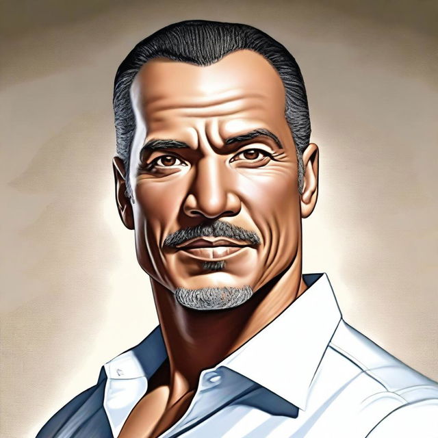 This is a high-quality digital illustration of a slim, handsome middle-aged man of Puerto Rican descent