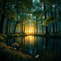 A realistic scene set in an enchanting forest during twilight, featuring a serene, reflective pond surrounded by tall, lush trees with vibrant green leaves