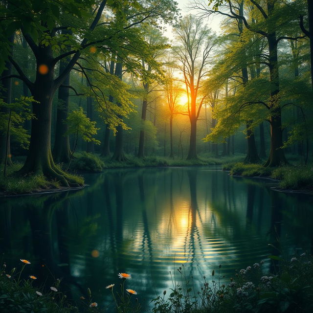 A realistic scene set in an enchanting forest during twilight, featuring a serene, reflective pond surrounded by tall, lush trees with vibrant green leaves