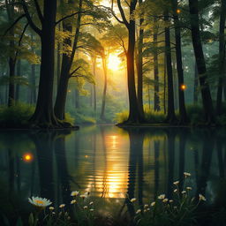 A realistic scene set in an enchanting forest during twilight, featuring a serene, reflective pond surrounded by tall, lush trees with vibrant green leaves