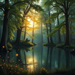 A realistic scene set in an enchanting forest during twilight, featuring a serene, reflective pond surrounded by tall, lush trees with vibrant green leaves