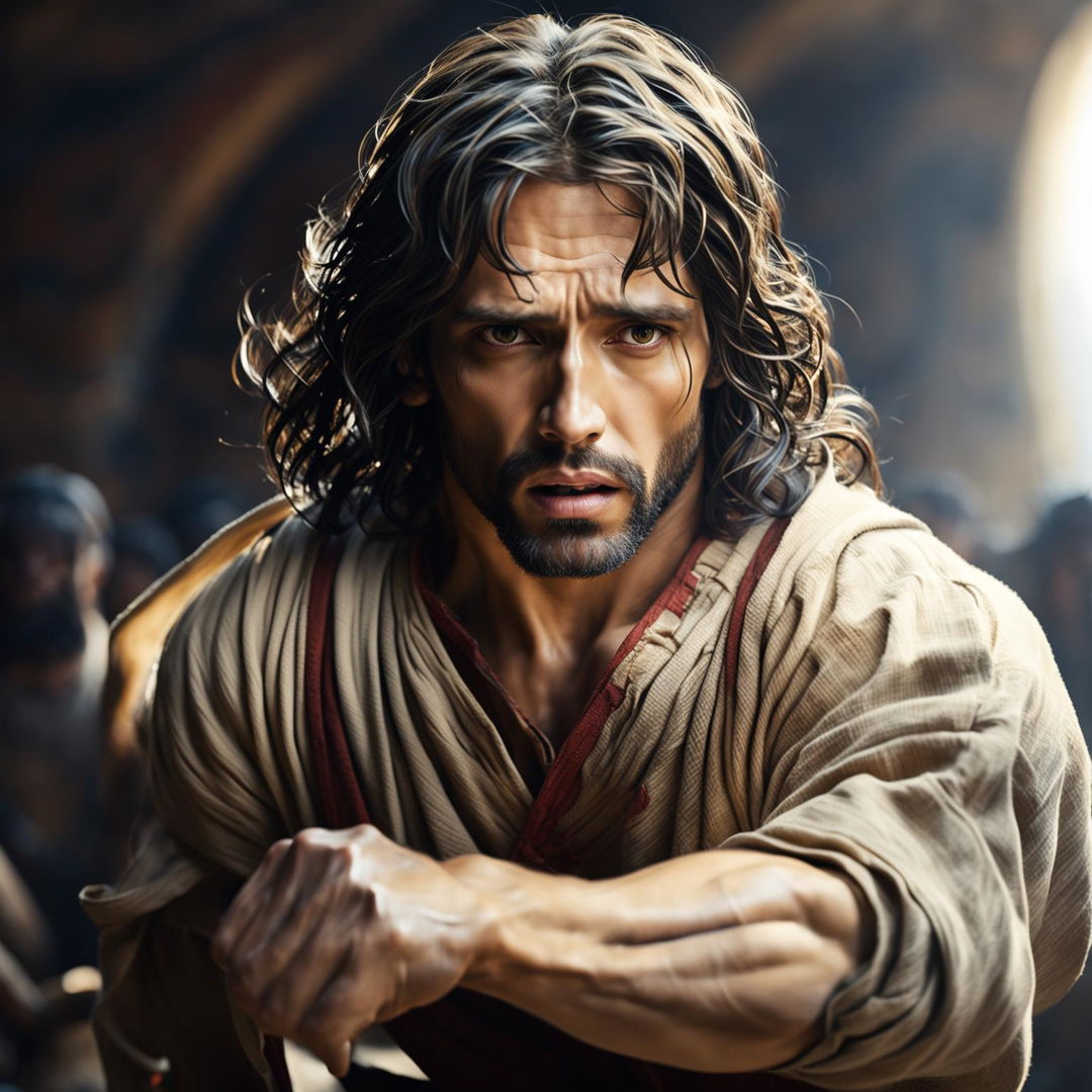 A high-quality photorealistic image showing Jesus in a modern gym outfit, his muscles taut with strength