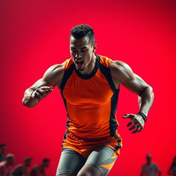 A dynamic sports player in action, radiating energy and determination, wearing a modern, brightly colored athletic uniform with sleek designs