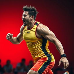 A dynamic sports player in action, radiating energy and determination, wearing a modern, brightly colored athletic uniform with sleek designs