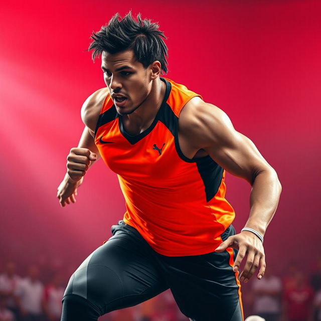 A dynamic sports player in action, radiating energy and determination, wearing a modern, brightly colored athletic uniform with sleek designs