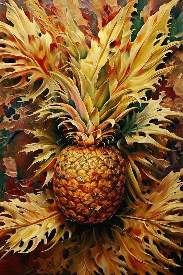 A vibrant oil painting of a pineapple, rendered in the opulent style of Rococo