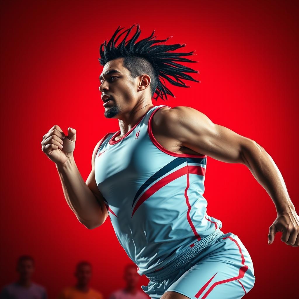 A dynamic sports player in action, radiating energy and determination, wearing a modern, brightly colored athletic uniform with sleek designs