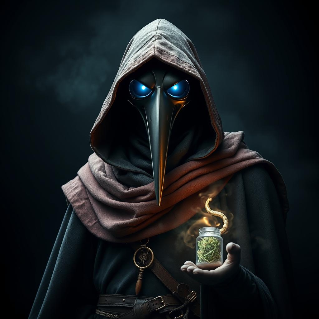 A striking portrait of a Plague Doctor, depicted as a savior figure