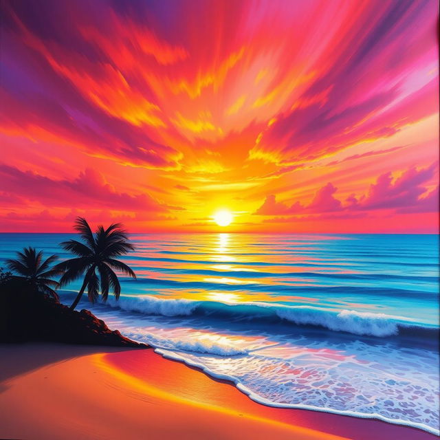 A dynamic and colorful abstract representation of a vivid sunset over a tranquil ocean