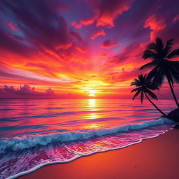 A dynamic and colorful abstract representation of a vivid sunset over a tranquil ocean