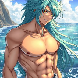 An eye-catching light novel cover featuring a tall male character with an athletic build, showcasing his shirtless torso that glistens in the sunlight