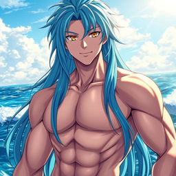 An eye-catching light novel cover featuring a tall male character with an athletic build, showcasing his shirtless torso that glistens in the sunlight