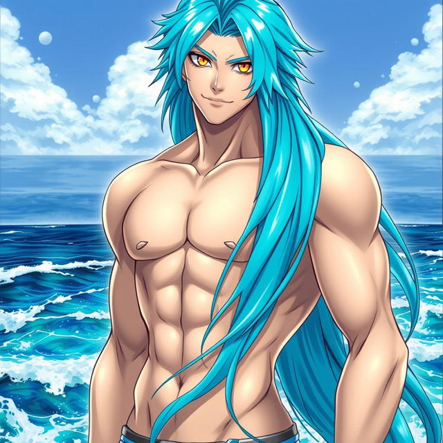 An eye-catching light novel cover featuring a tall male character with an athletic build, showcasing his shirtless torso that glistens in the sunlight