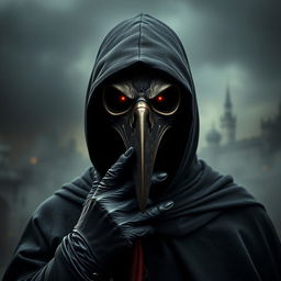 A striking portrait of a Plague Doctor, depicted as a savior figure, showcasing a dramatic and heroic stance