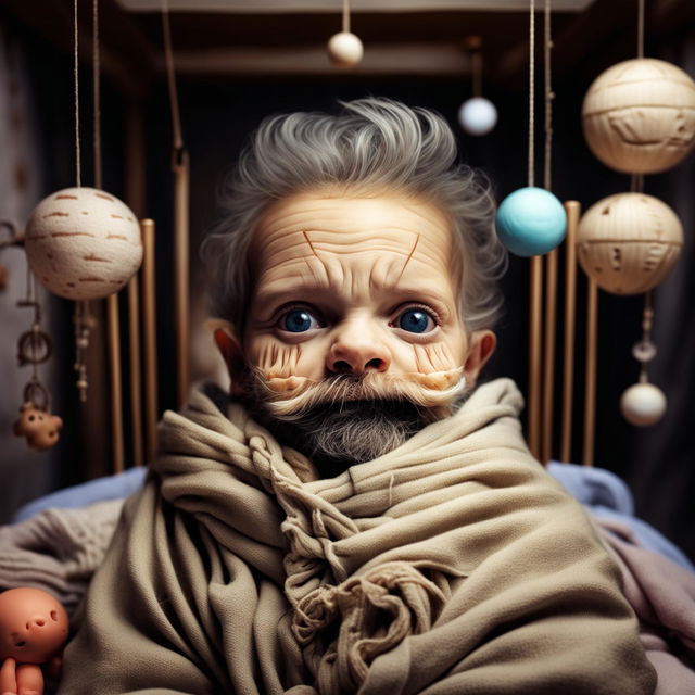 A high-quality digital art image depicting a whimsically humorous concept: a 40-year-old newborn baby