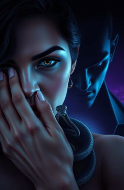 A close-up portrait of a woman named Maya with an intense expression, her eyes mirroring a vibrant cityscape behind her