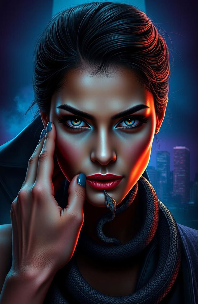 A close-up portrait of a woman named Maya with an intense expression, her eyes mirroring a vibrant cityscape behind her