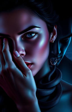 A close-up portrait of a woman named Maya with an intense expression, her eyes mirroring a vibrant cityscape behind her