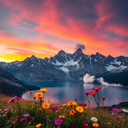 A majestic mountain landscape at sunrise, with vibrant orange and pink hues in the sky