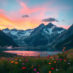 A majestic mountain landscape at sunrise, with vibrant orange and pink hues in the sky