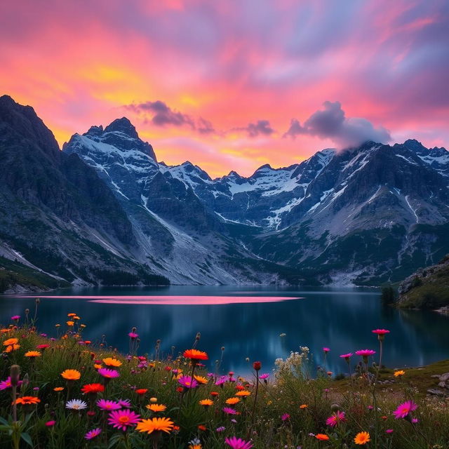 A majestic mountain landscape at sunrise, with vibrant orange and pink hues in the sky