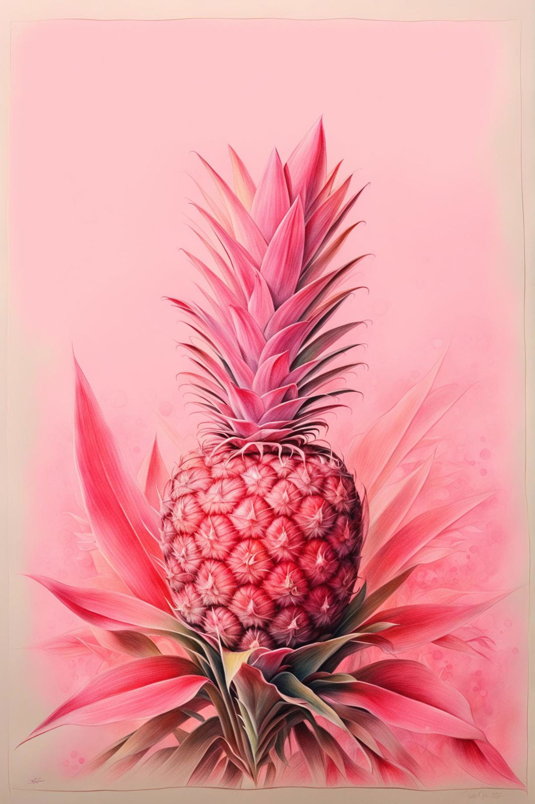 A pastel drawing of a pink pineapple, rendered in soft, dreamy hues