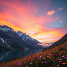 A majestic mountain landscape at sunrise, with vibrant orange and pink hues in the sky