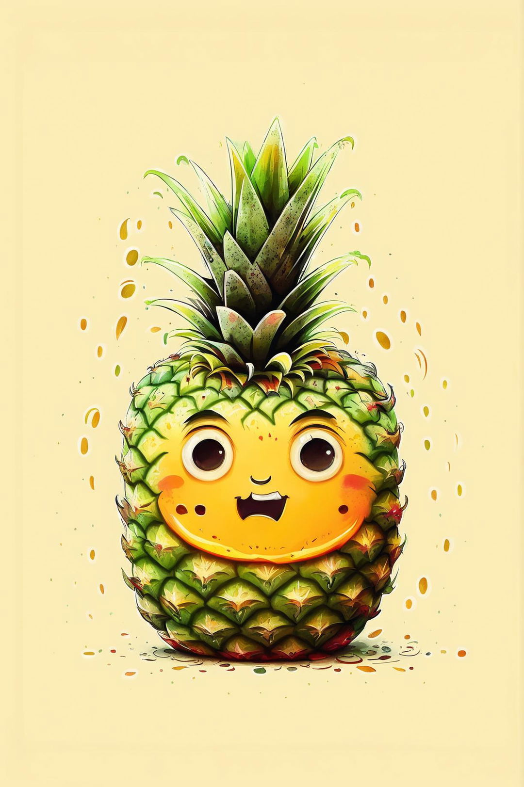 An adorable drawing of a pineapple, crafted in a cartoonish style with exaggerated features