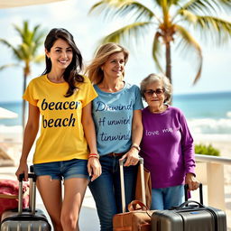 A tall, pretty woman with dark brown hair styled in half up half down, wearing a yellow short sleeve shirt with the word 'beach' and short jeans