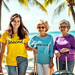 A tall, pretty woman with dark brown hair styled in half up half down, wearing a yellow short sleeve shirt with the word 'beach' and short jeans