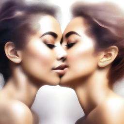 This is a digital art piece, rendered in high quality, showcasing two women sharing a tender kiss