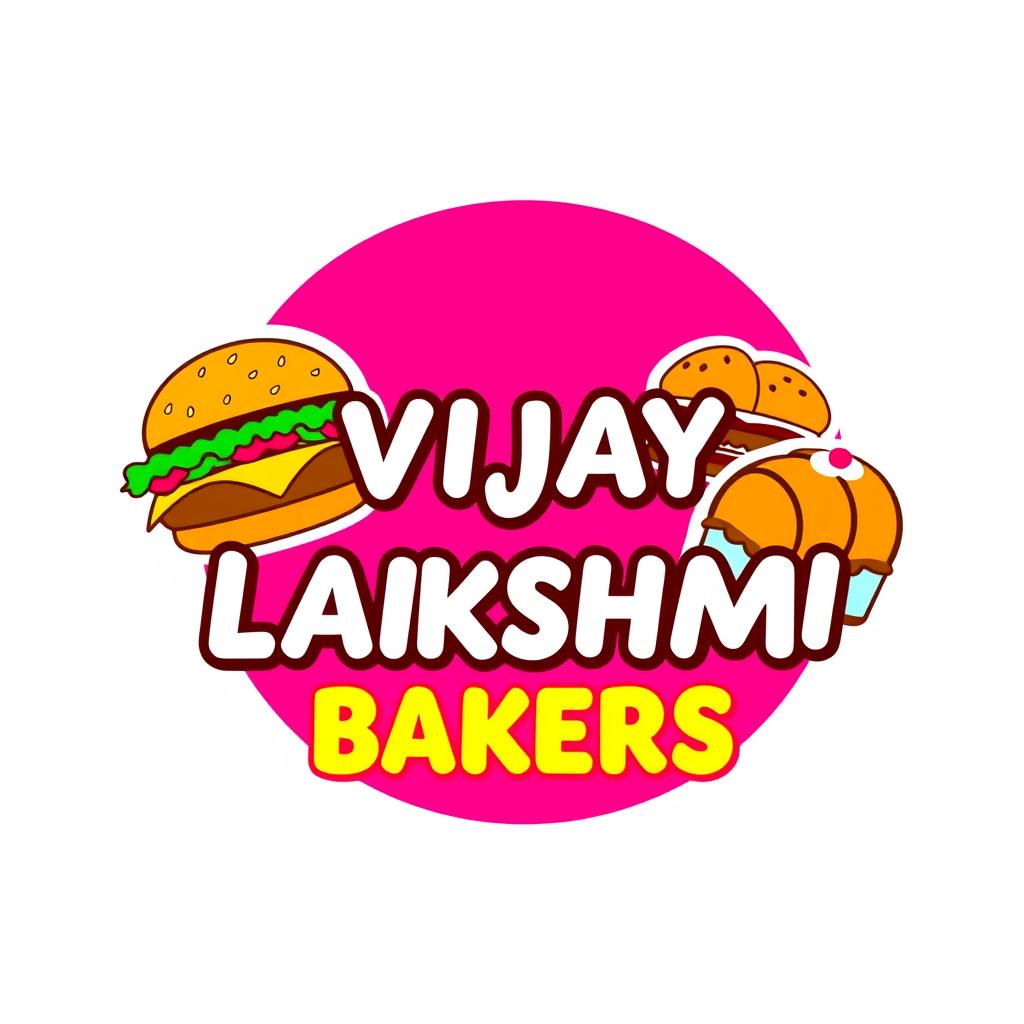 A logo design for "VIJAY LAKSHMI BAKERS", featuring colorful stickers of a delicious burger and assorted pastries such as cakes and croissants