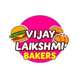 A logo design for "VIJAY LAKSHMI BAKERS", featuring colorful stickers of a delicious burger and assorted pastries such as cakes and croissants