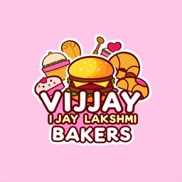 A logo design for "VIJAY LAKSHMI BAKERS", featuring colorful stickers of a delicious burger and assorted pastries such as cakes and croissants