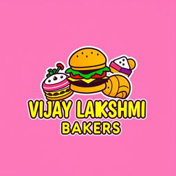 A logo design for "VIJAY LAKSHMI BAKERS", featuring colorful stickers of a delicious burger and assorted pastries such as cakes and croissants