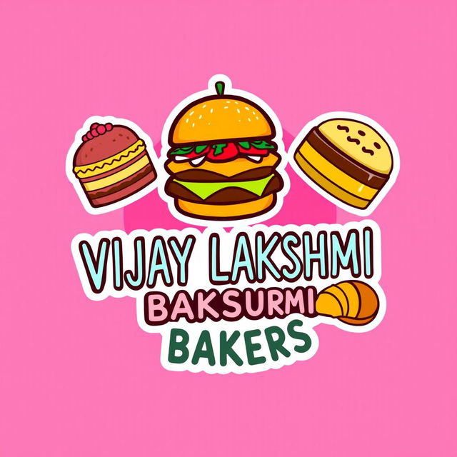 A logo design for "VIJAY LAKSHMI BAKERS", featuring colorful stickers of a delicious burger and assorted pastries such as cakes and croissants