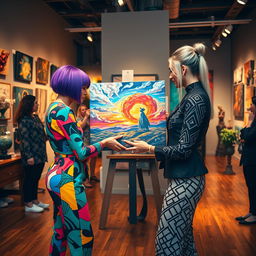 A vibrant and dynamic art trading scenario set in a stylish gallery