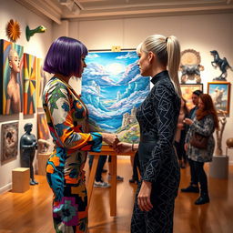 A vibrant and dynamic art trading scenario set in a stylish gallery