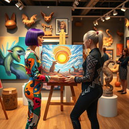 A vibrant and dynamic art trading scenario set in a stylish gallery