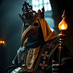 A striking portrait of a Holy Plague Doctor, wearing an ornate, detailed mask with a long snout, symbolizing protection and healing during the plague