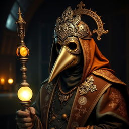 A striking portrait of a Holy Plague Doctor, wearing an ornate, detailed mask with a long snout, symbolizing protection and healing during the plague