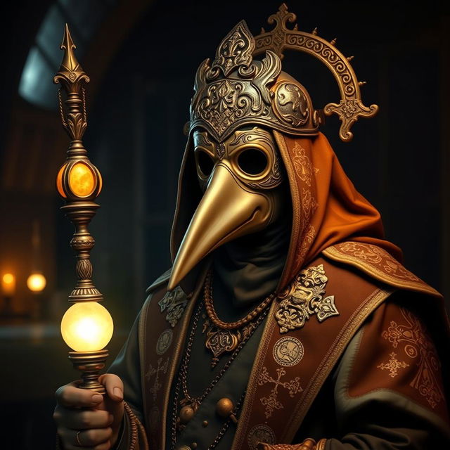 A striking portrait of a Holy Plague Doctor, wearing an ornate, detailed mask with a long snout, symbolizing protection and healing during the plague