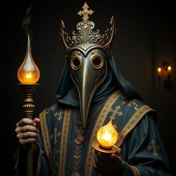 A striking portrait of a Holy Plague Doctor, wearing an ornate, detailed mask with a long snout, symbolizing protection and healing during the plague